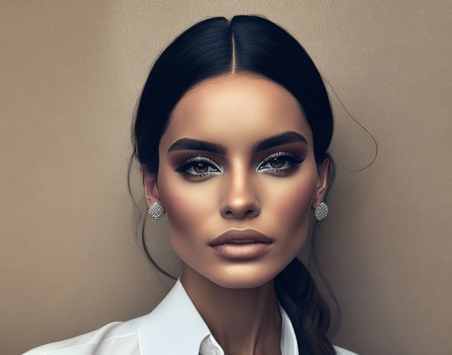 Digital portrait of woman with dark hair, intense eyes, smoky makeup, and sparkling earrings on beige