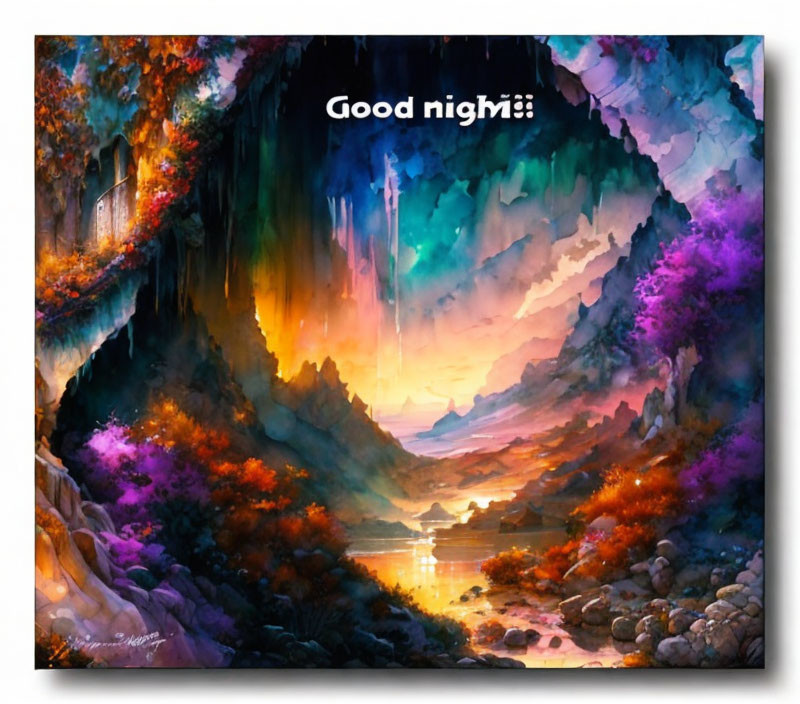 Fantasy cave digital art with vibrant sunset backdrop and lush plant life