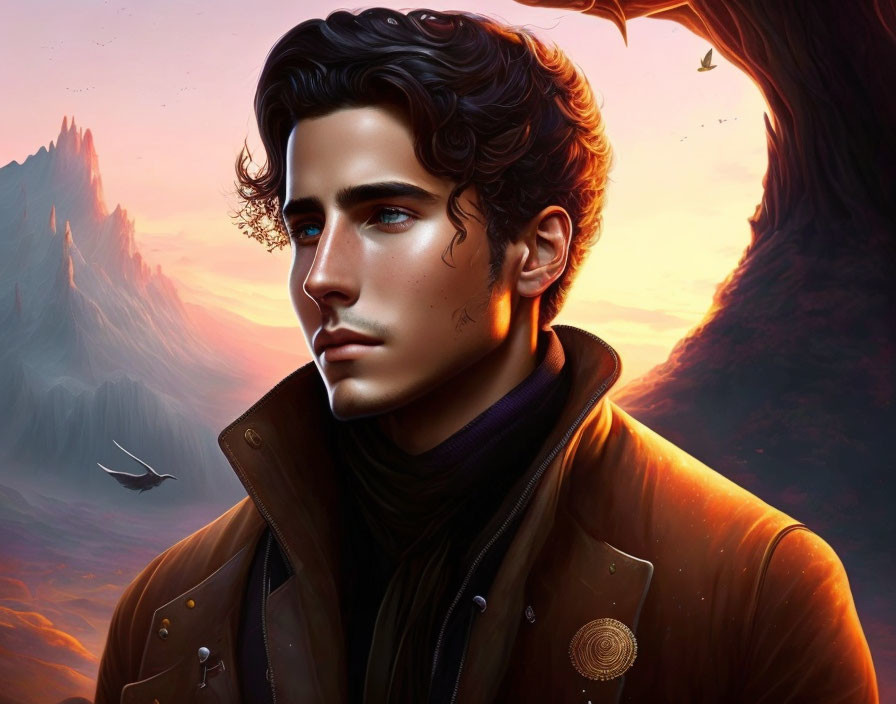 Man with Dark Hair and Blue Eyes in Fantasy Sunset Scene