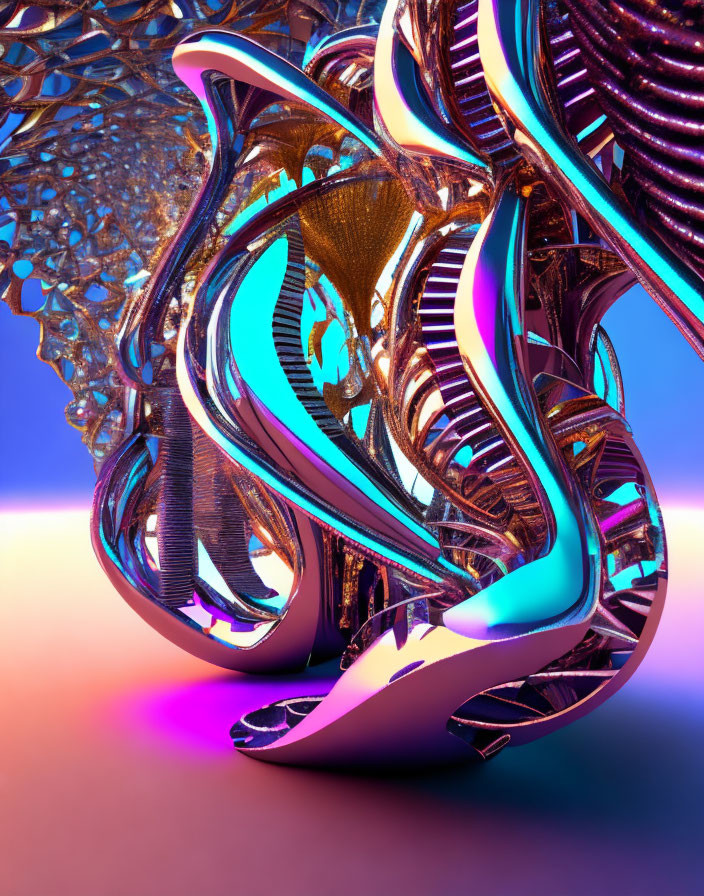 Abstract digital artwork: intricate metallic structures, iridescent hues, curvilinear shapes on blue &