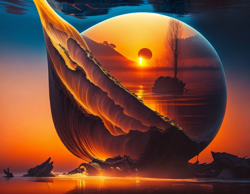 Surreal digital artwork: whale merges with sunset landscape in giant bubble