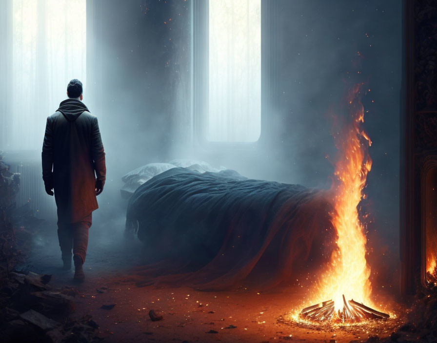 Man in coat walks from fiery blaze in dusty room with sunlight and debris.