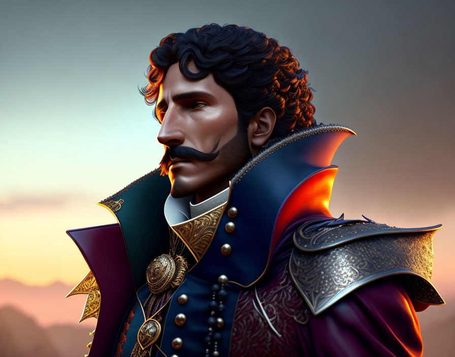 Regal man with mustache in ornate uniform against dusky sky