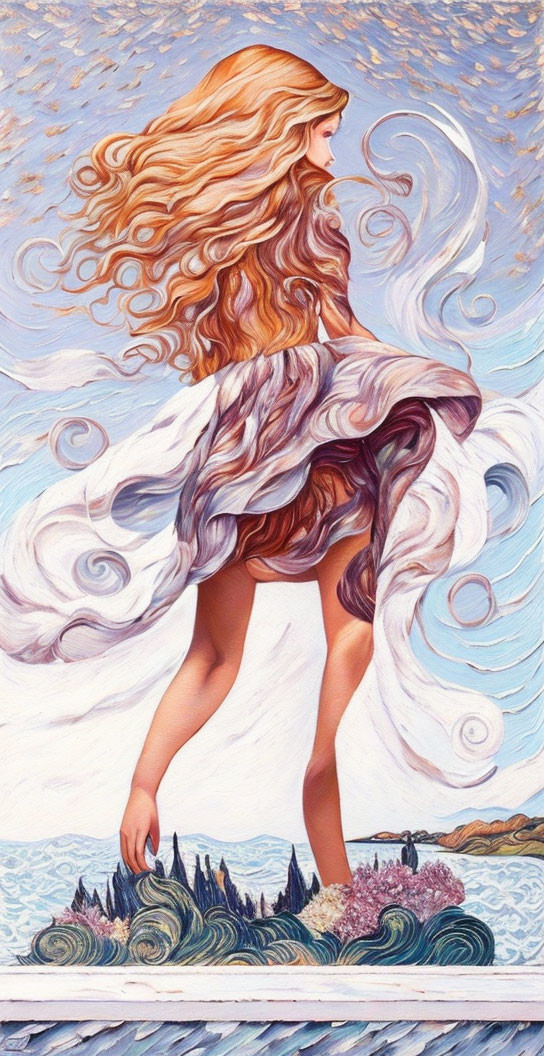 Stylized painting: Woman with red hair in swirling landscape