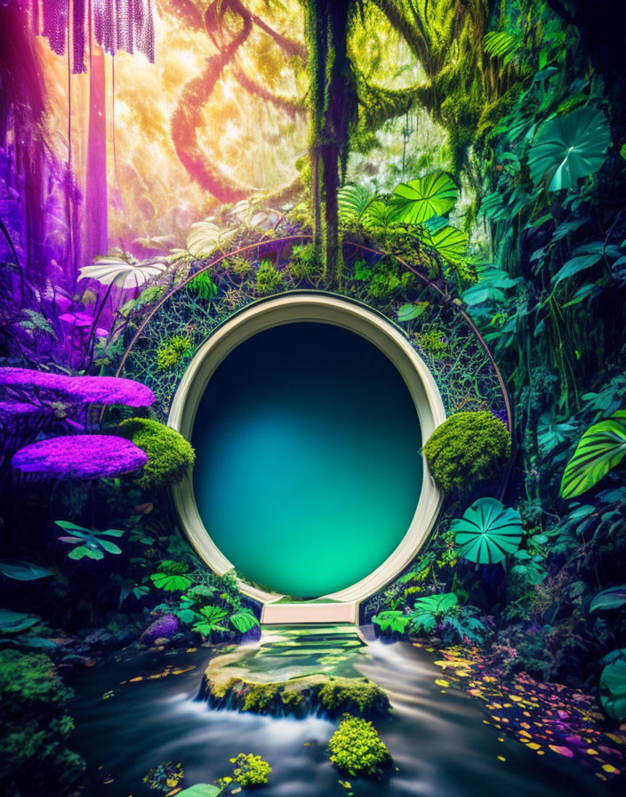 Mystical forest scene with circular teal portal, wooden bridge, stream, and surreal sky