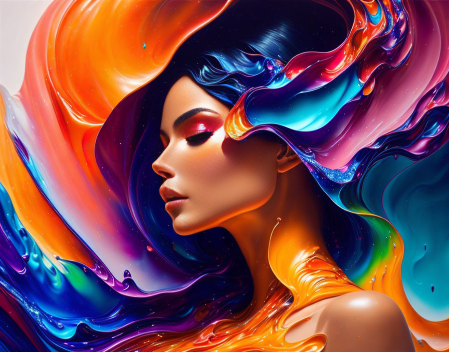 Vibrant swirling colors blend in woman's profile art