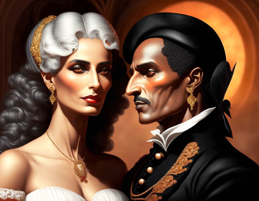 Illustrated historical couple in white hair, pearls, and black suit.
