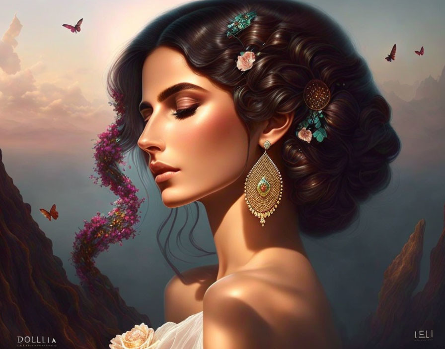 Digital artwork: Woman with floral hairstyle, ornate earring, butterflies, serene landscape