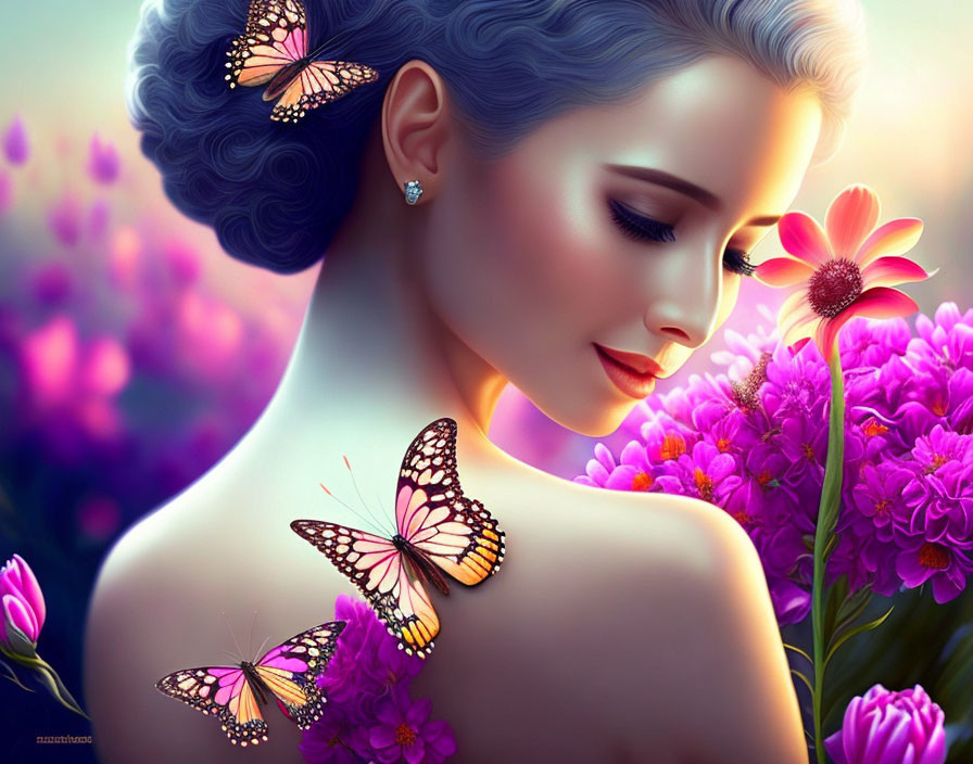 Digital artwork: Woman with butterflies and vibrant flowers in soft, glowing style