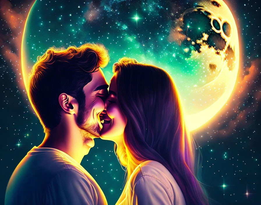 Vibrant cosmic digital artwork: Couple kissing under crescent moon