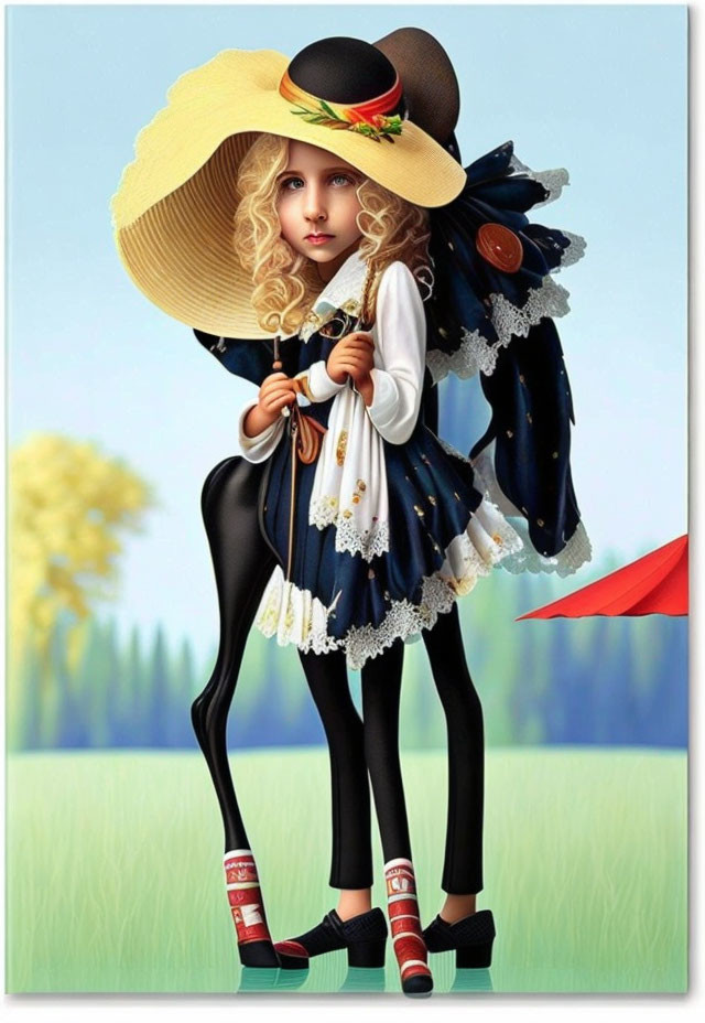 Whimsical stylized illustration of young girl in fancy dress