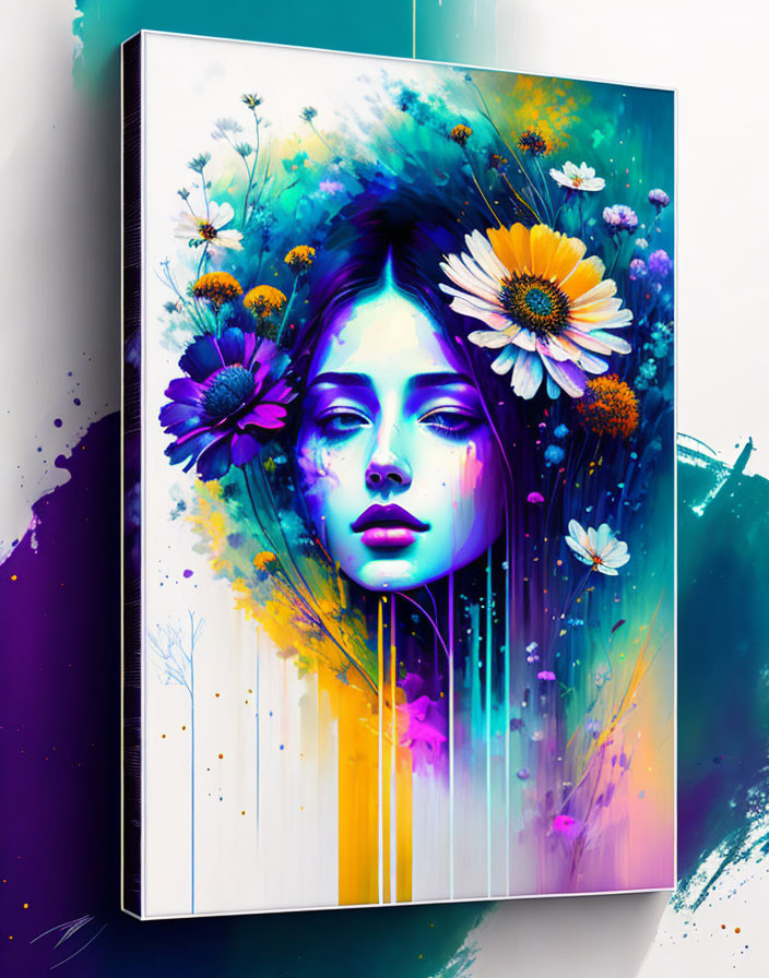 Colorful Flower Woman Face Canvas Art with Paint Splatter Background