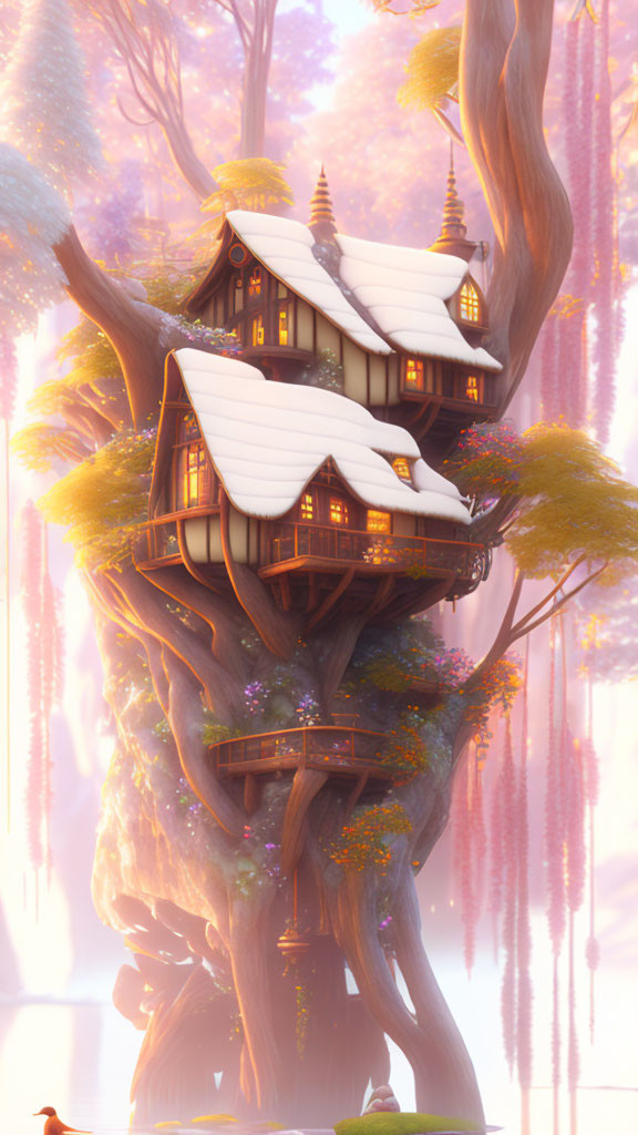 Multi-level treehouse in magical forest with purple flowers & warm lighting