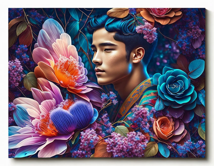 Colorful illustration: Person with blue hair among stylized blue, pink, and orange flowers.