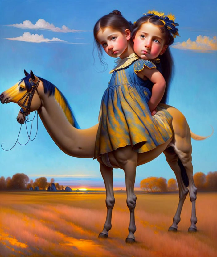 Two girls in yellow dresses riding a beige horse in a field under a blue sky.