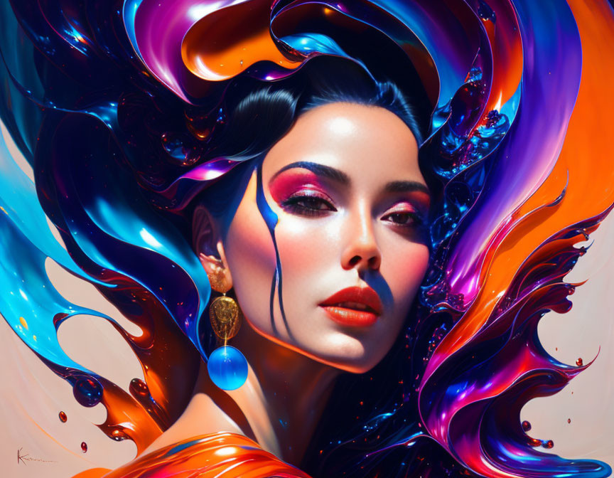 Colorful digital portrait of woman with flowing hair-like forms and striking makeup on iridescent backdrop