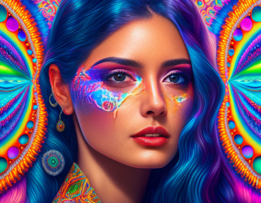 Vivid Blue Hair Woman with Colorful Makeup on Psychedelic Background