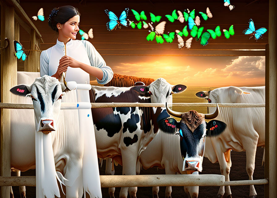 Woman in white smiling surrounded by cows and butterflies at sunset