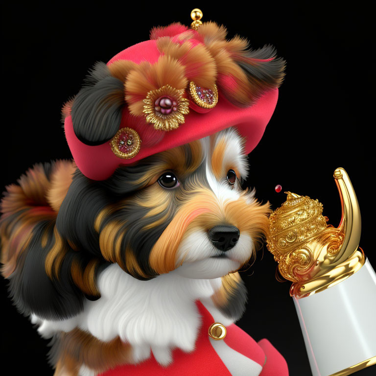 Tricolor dog in regal attire with golden trophy