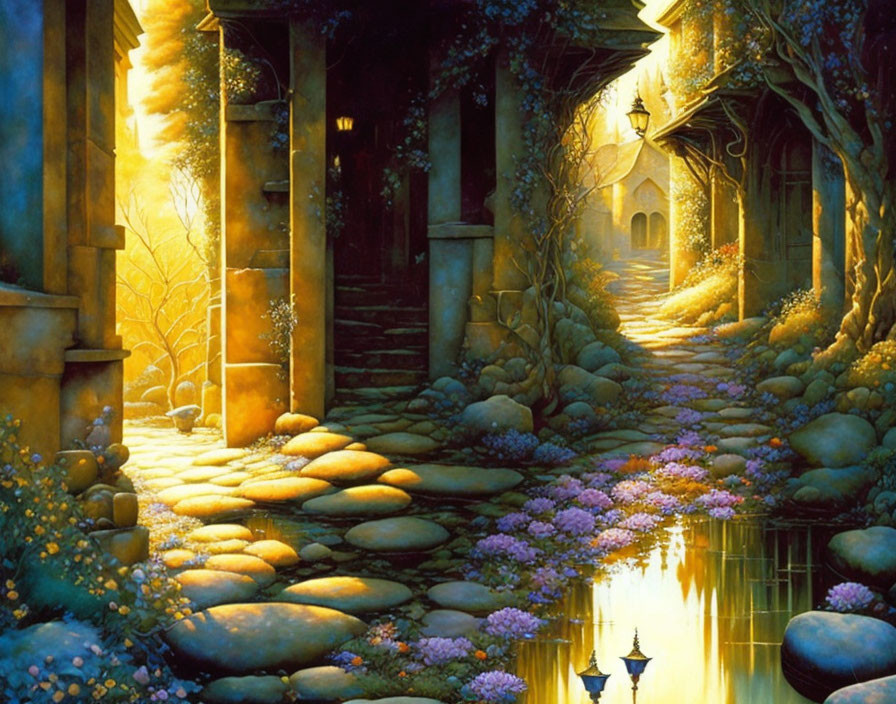 Fantasy landscape with glowing archway, cobblestone path, lush greenery, purple flowers,