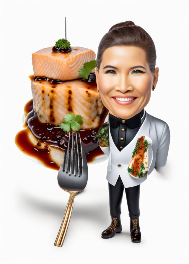 Large head, small body chef caricature next to salmon dish.