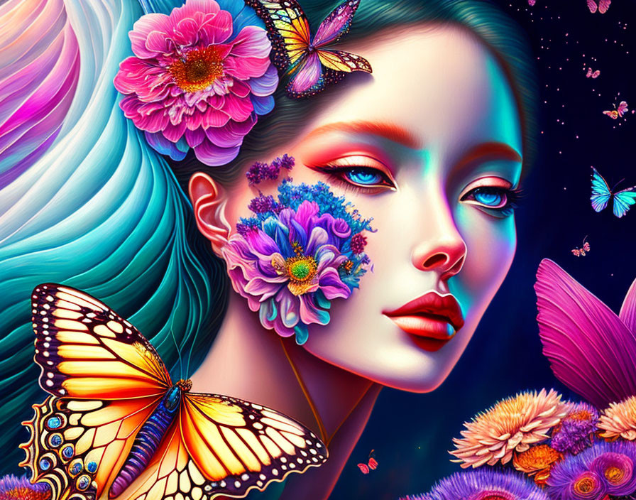 Colorful digital artwork featuring woman with floral face patterns