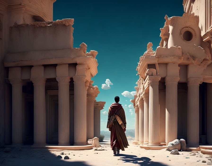 Person in red cloak surrounded by ancient sandstone ruins