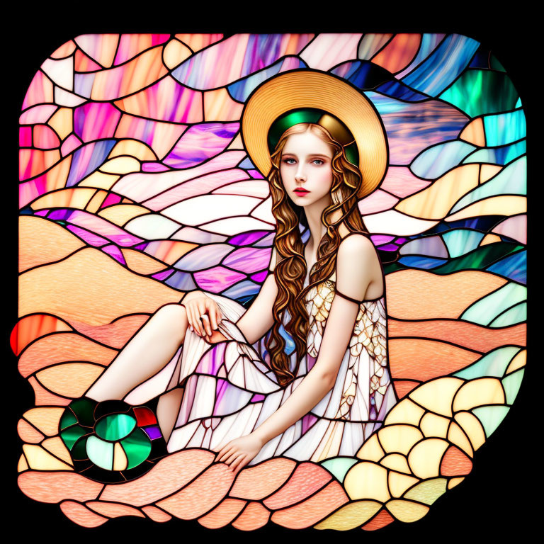 Illustration of woman with long hair in hat amid abstract stained-glass patterns