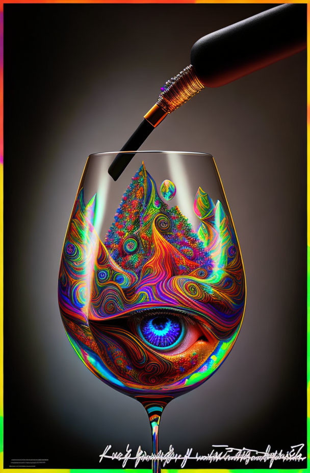 Colorful digital artwork: Psychedelic patterns in wine glass with reflective pencil drawing