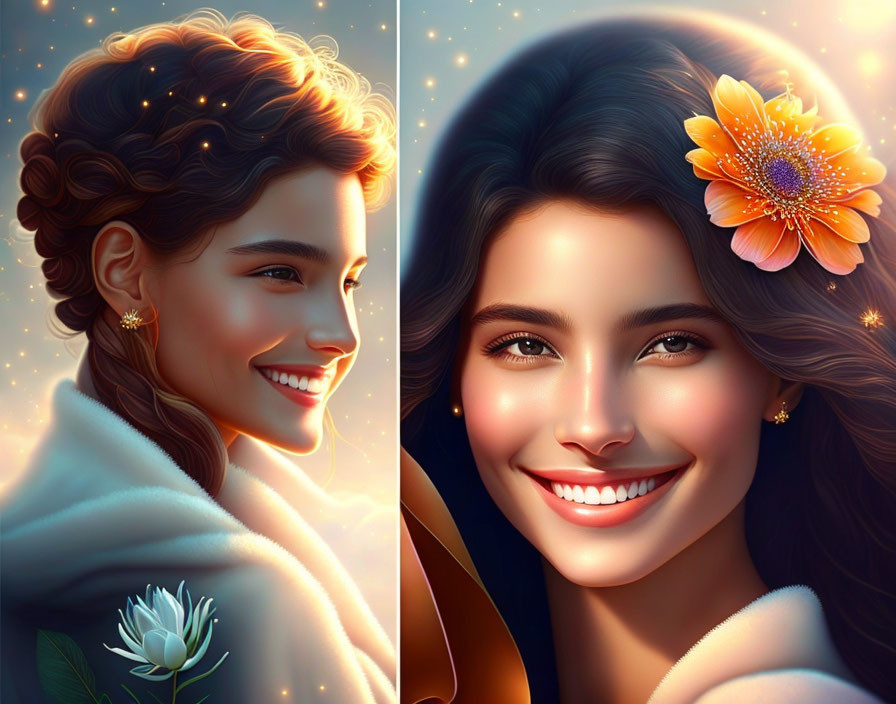 Smiling woman with shimmering hair and sparkling flower in digital portrait