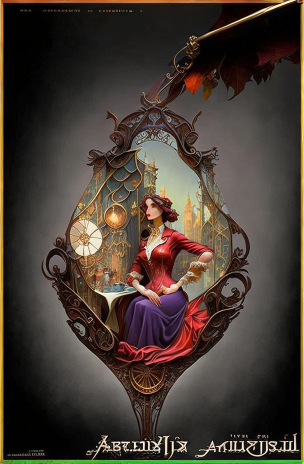 Fantastical woman in regal red and purple outfit in gothic frame with dragon and city.