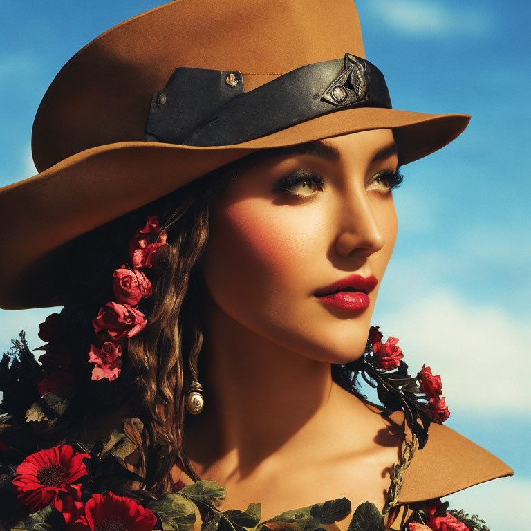 Woman in Decorated Hat and Floral Attire with Red Lip and Thoughtful Gaze against Blue Sky