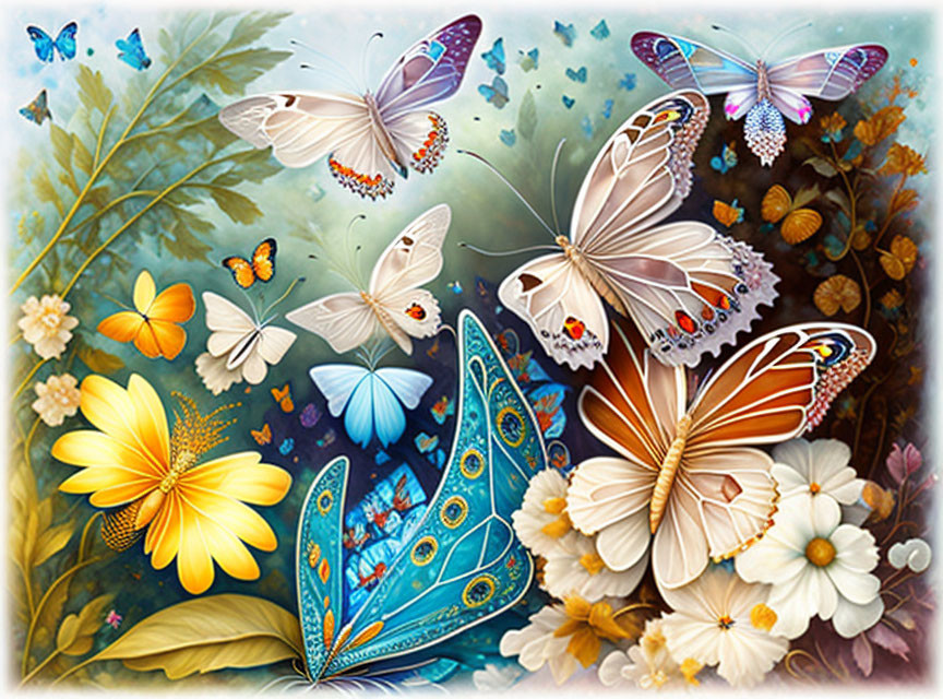 Colorful butterflies fluttering around flowers and foliage in a fantasy setting