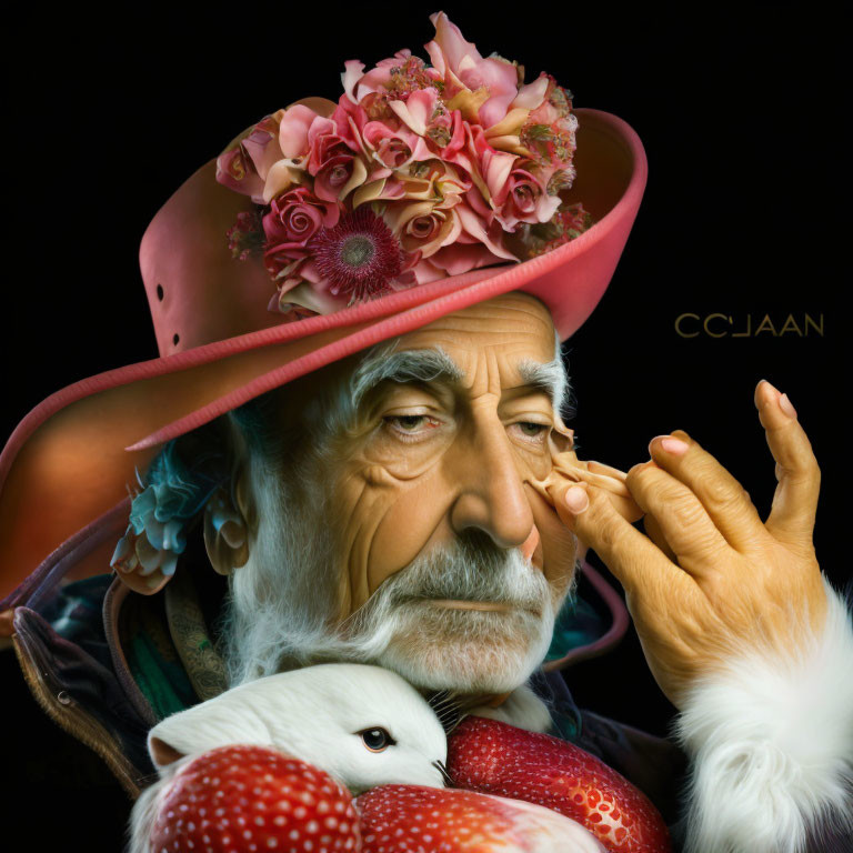 Elderly person in pink floral hat with white fur holding stuffed toy