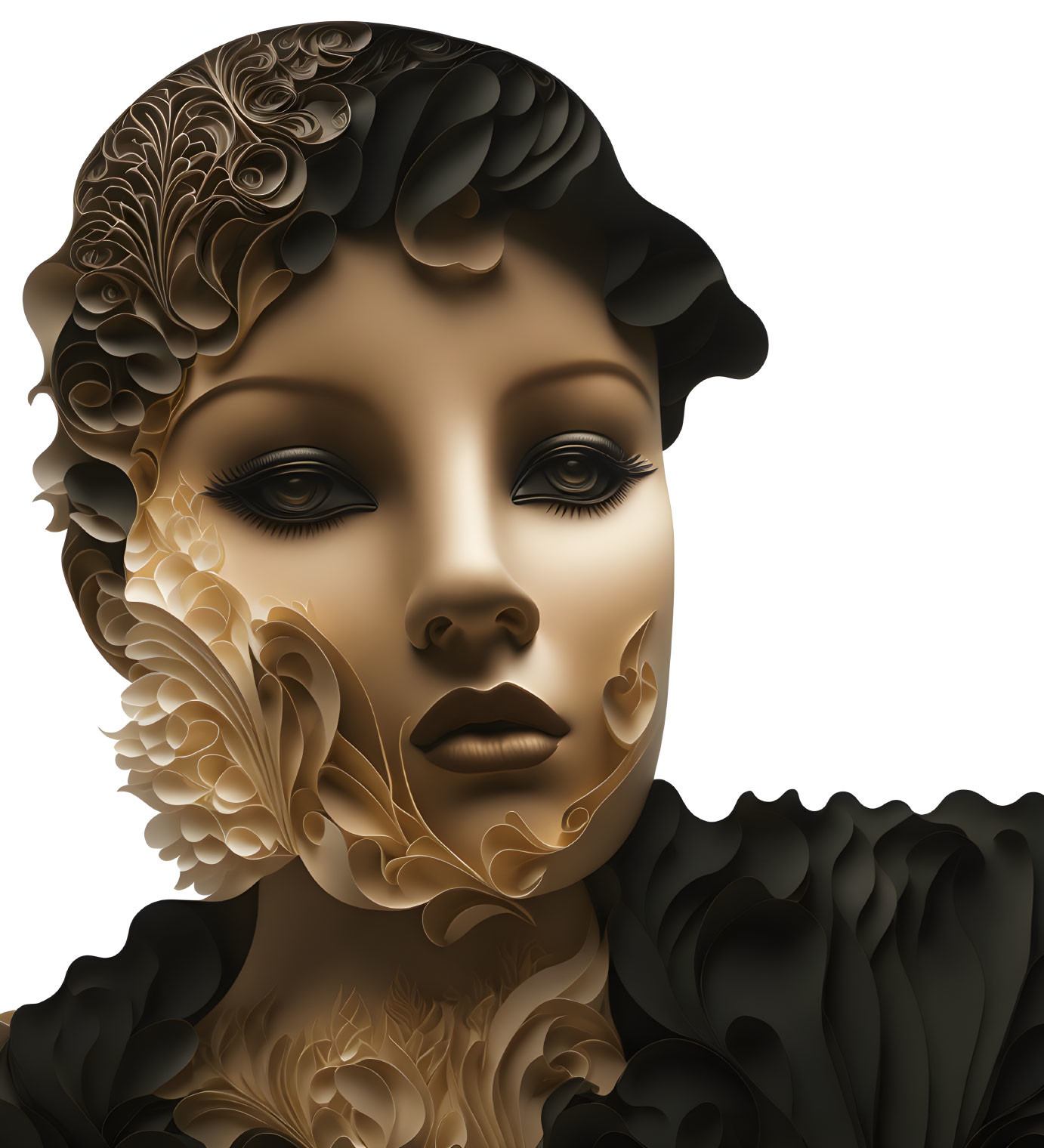 Stylized female face with leaf and floral patterns on light background