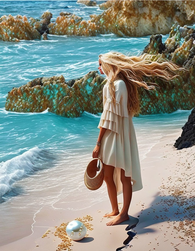 Blonde woman in white dress on sandy beach with sea view