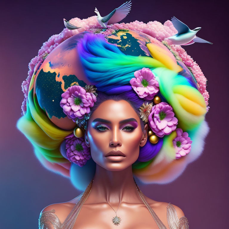 Colorful surreal portrait: woman with earth globe headdress, flowers, birds, purple background