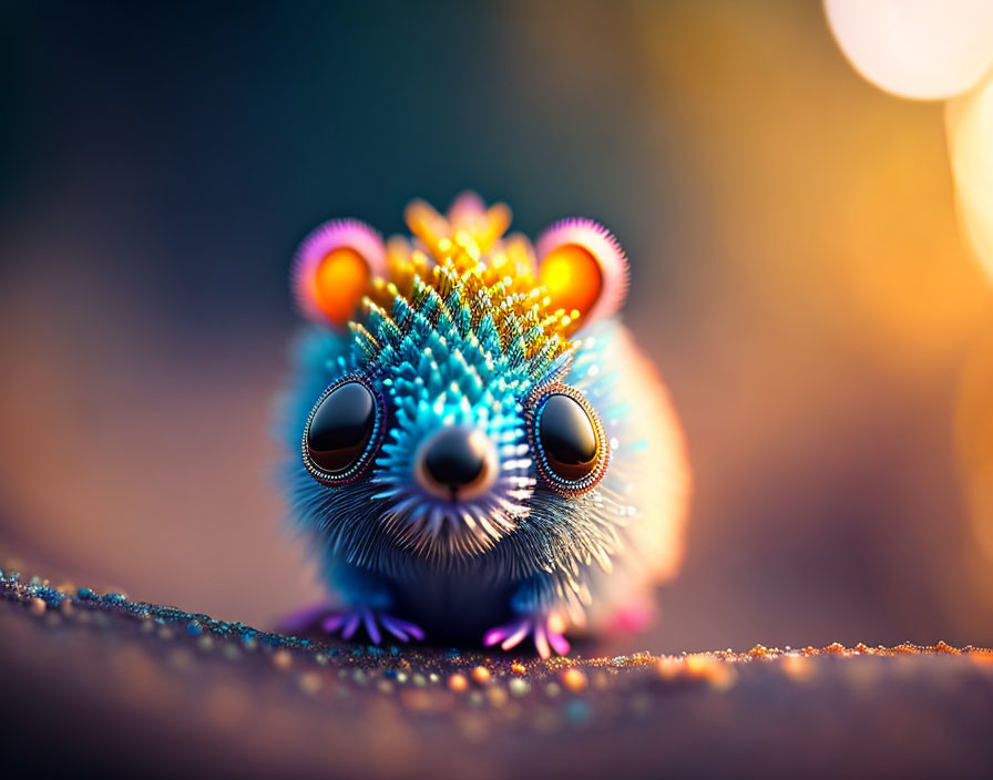 Colorful, whimsical creature with large shiny eyes and spiky iridescent body against warm