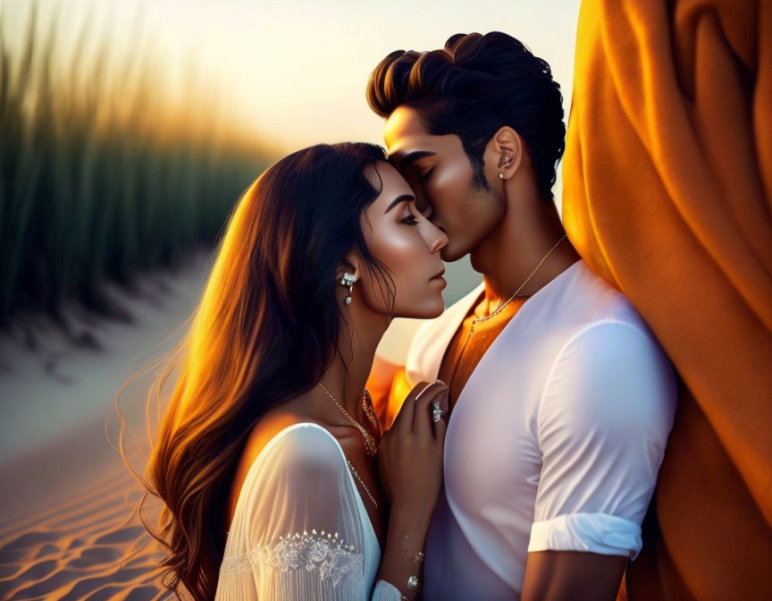 Illustrated couple in white dress and leaning against dune under golden light