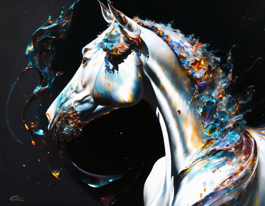 White Horse with Liquid Mane and Colorful Coat on Dark Background