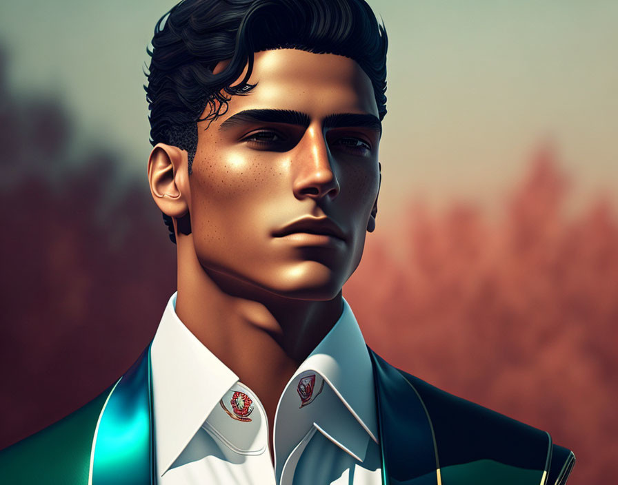 Detailed digital artwork of a young man in a white blazer with red accents