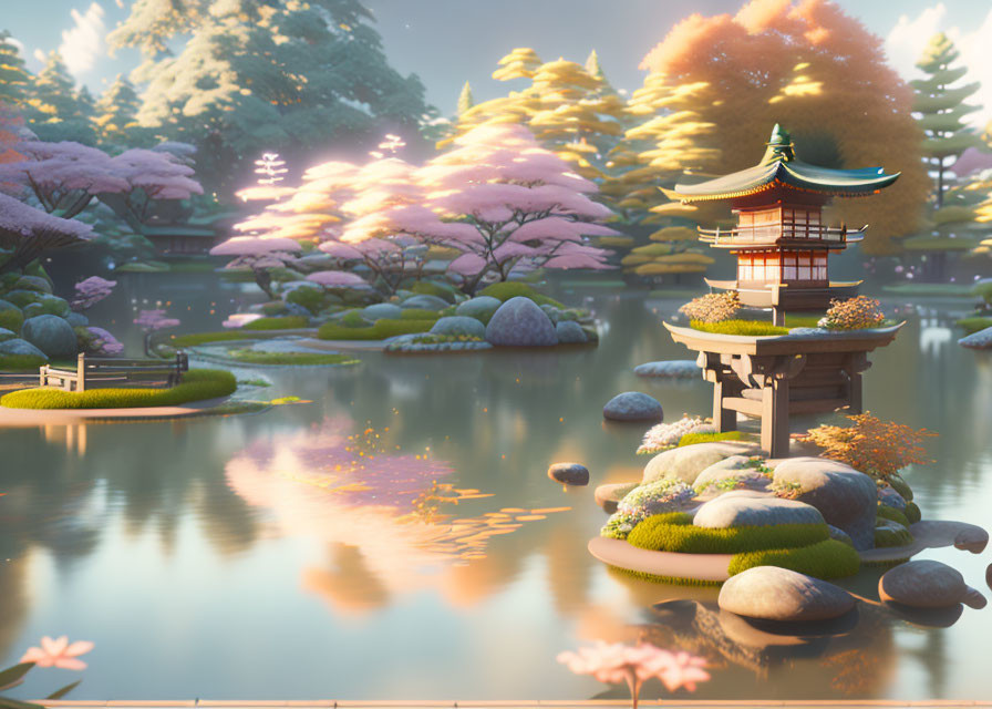 Tranquil Japanese garden with pagoda, cherry trees, pond at sunset