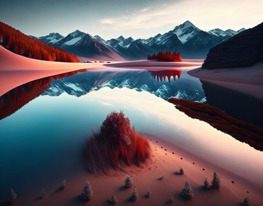 Snow-capped mountains reflected in red-tinted lake at twilight