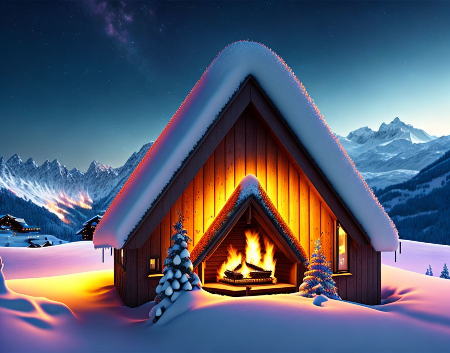 Snow-covered wooden cabin with fireplace under starry sky and snow-capped mountains at twilight