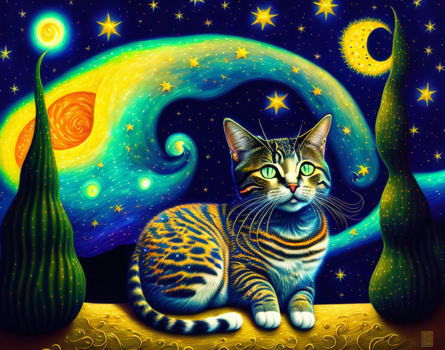 Colorful Tabby Cat Illustration with Starry Night Background