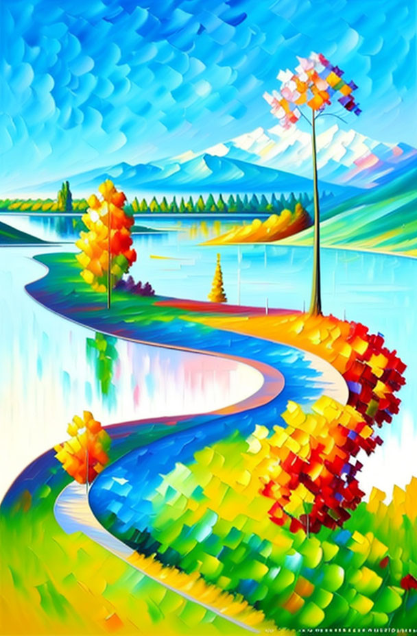 Colorful impressionistic painting: meandering river, pixelated trees, distant bridge, bright sky.