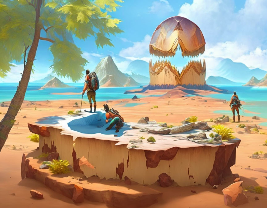 Surreal landscape with individuals exploring earth's cross-section and floating islands