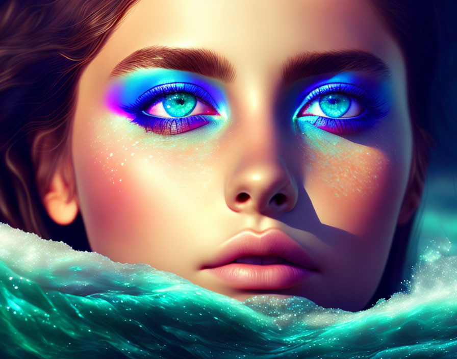 Digital illustration: Woman with radiant blue eyes and vibrant eyeshadow emerging from wave-like structure