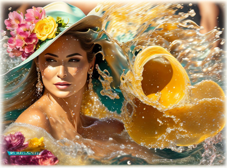 Woman in Flower Hat Submerged in Water with Sunlit Splash