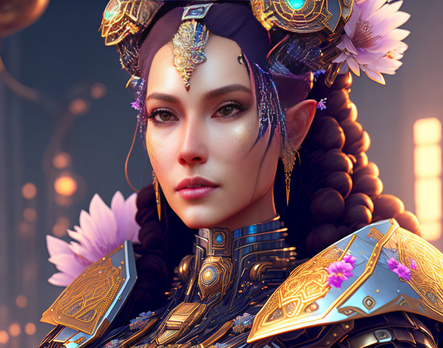 Digital artwork of woman in fantasy armor with gold accents and purple flowers